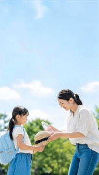屋外で子どもに帽子を渡す熱中症対策の親子