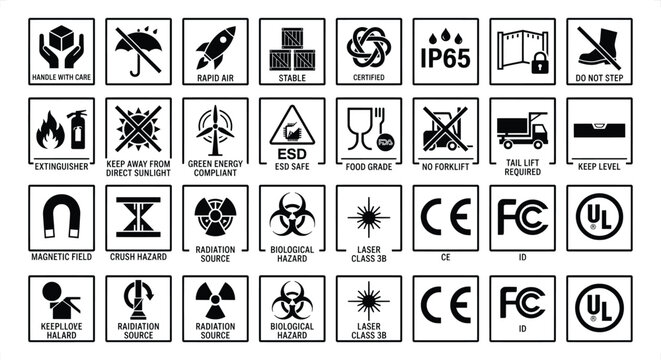 Collection of safety and handling symbols for shipping and industrial use against a white background