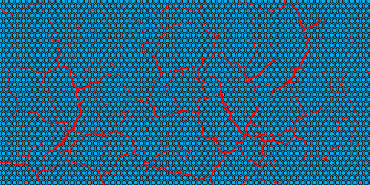 Abstract blue hexagon honeycomb grid pattern background with vibrant red distressed crack lines