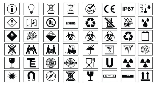Collection of universal warning and informational symbols for shipping and product labeling