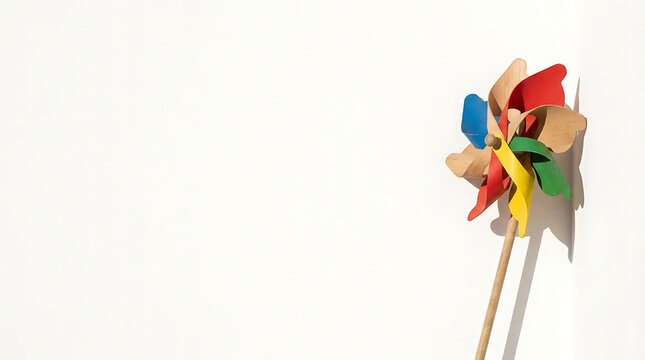 Vibrant multicolored toy pinwheel spinning on a white background, a symbol of childhood innocence and playfulness