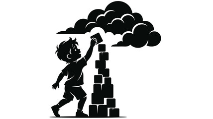 Child building tower of blocks reaching towards dark clouds, creativity concept. © Funkstripe