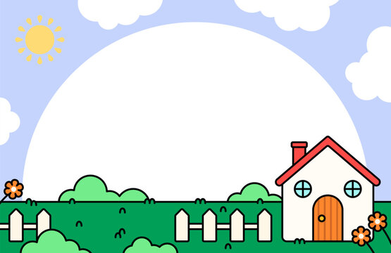 House landscape with a large blank copy space, green garden, fence, clouds, and sunshine for banners, posters, children's designs, and seasonal backgrounds vector illustration cartoon