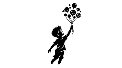 Boy holding planet balloons, silhouette, imagination, space, dreams, childhood, outer space, freedom © Funkstripe