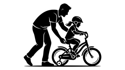 Father teaching daughter to ride bicycle, silhouette, learning, childhood, family