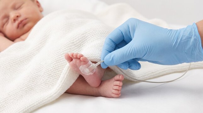 Healthcare professional attaching a pulse oximeter sensor to a newborn baby&rsquo;s foot for oxygen saturation and heart rate monitoring during neonatal care.