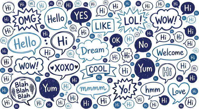 Blue speech bubble doodle set featuring chat expressions hello hi omg wow lol xoxo dream and cool slang text words.