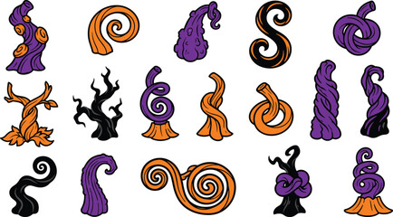 Halloween spooky dead tree trunks and twisted roots vector collection with orange purple black creepy spiral elements isolated on white background set © nice
