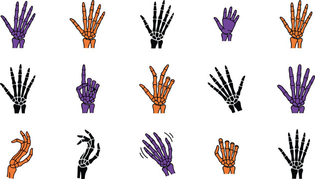Halloween skeleton hand vector gestures collection bundle with black purple orange creepy spooky bone hands isolated on white background set