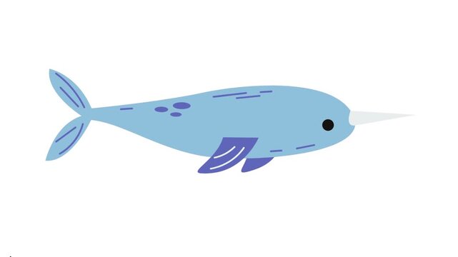 Cute Blue Narwhal Whale Illustration with Tusk on White Background Vector Art
