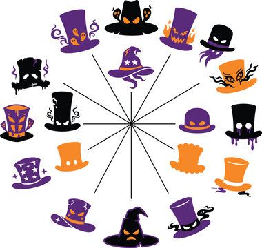 Halloween witch hat and top hat wheel chart vector collection featuring purple orange black spooky character designs isolated on white background