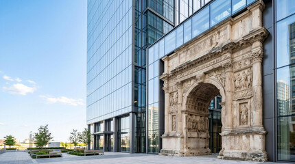 Naklejka premium Ancient stone triumphal arch integrated into modern glass skyscraper facade in urban city plaza
