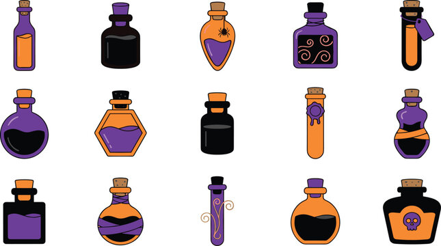 Halloween witch potion bottles and magic elixir flasks vector icon bundle with orange purple black flat jars isolated on white background set