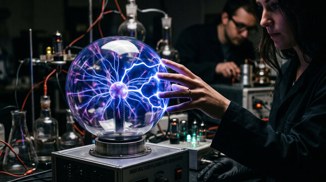 Young female scientist conducting experiment with high voltage plasma sphere ball in a dark physics laboratory.