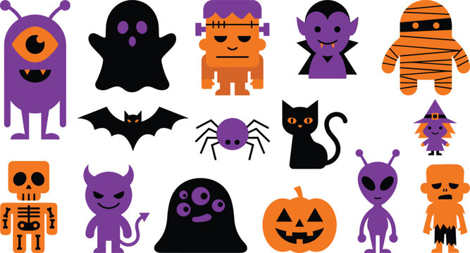 Cute Halloween cartoon characters vector icon set featuring vampire mummy ghost frankenstein zombie pumpkin and witch isolated on white background