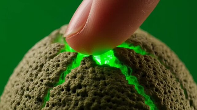 Finger pressing cracked alien egg glowing with green light.