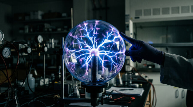 Young female scientist conducting experiment with high voltage plasma sphere ball in a dark physics laboratory.