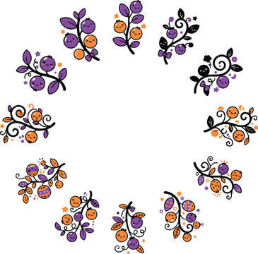 Halloween botanical wreath frame vector with cute purple orange black spooky berry branches vine leaves and flowers isolated on white background