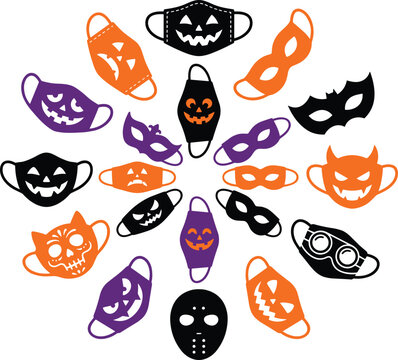 Halloween face masks wreath frame vector set with cute spooky cat bat pumpkin eye covers isolated on white background circle border