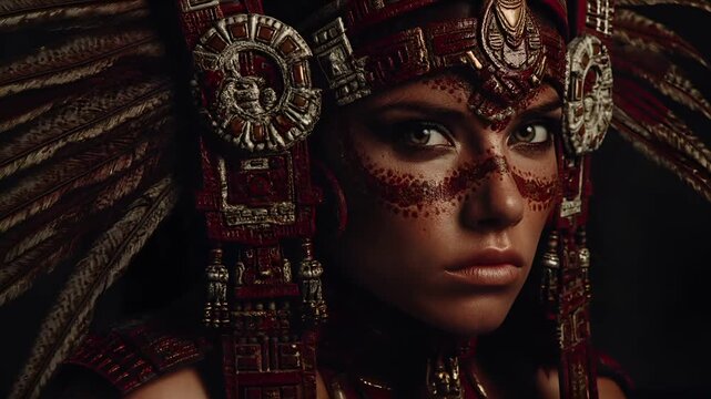 Maya Aztec civilization, Mexico culture. Mysterious, fantasy. A closeup portrait of a woman wearing a richly detailed, ornate headdress adorned with intricate patterns and symbols.