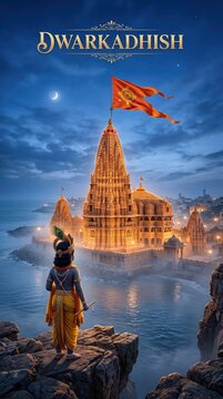 Illuminated Dwarkadhish Temple at Blue Hour