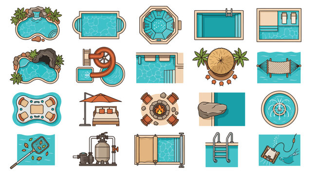 Swimming pool top view icon set with backyard landscape design, outdoor furniture, jacuzzi, waterslide, and pool maintenance equipment