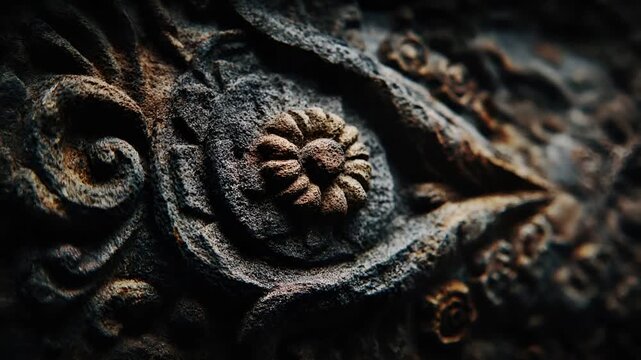 Maya Aztec civilization, Mexico culture. Mysterious, fantasy. A closeup of an intricately carved stone carving, likely from an ancient or historical artifact. The central focus is a detailed.