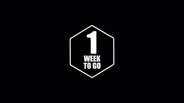 White hexagonal one week to go countdown badge appears on black for deadlines, event reminders and project schedules, 1 week to go.