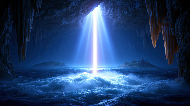 Cave opening light beam ocean wave dark cave blue water mystical scene sea cave glowing water