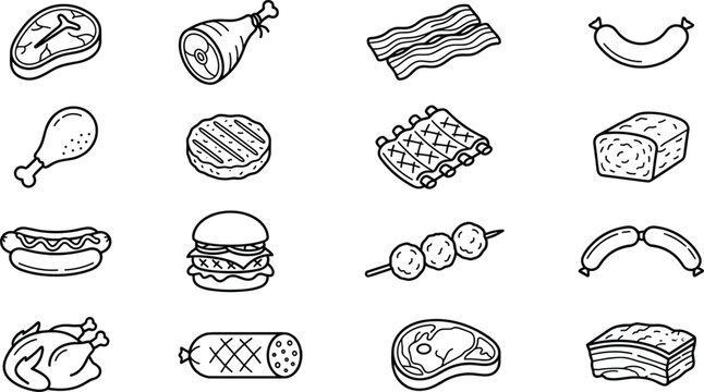Meat products and butcher shop icon set with linear outline symbols for restaurant menu barbecue grilling grocery vector design