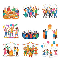 Naklejka premium A collection of diverse illustrations depicting people celebrating various festivals, holidays, and joyous occasions with family and friends.