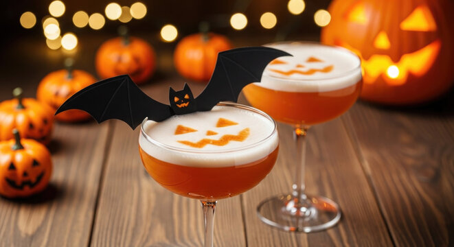 Halloween themed orange cocktails with carved pumpkin designs and bat garnish on wooden table