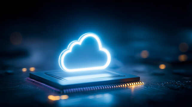Cloud icon rising from a microchip on a circuit board, representing cloud computing, data storage, and digital infrastructure.
