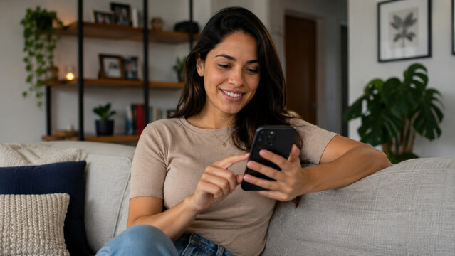 Young woman smiling using smartphone on sofa indoors