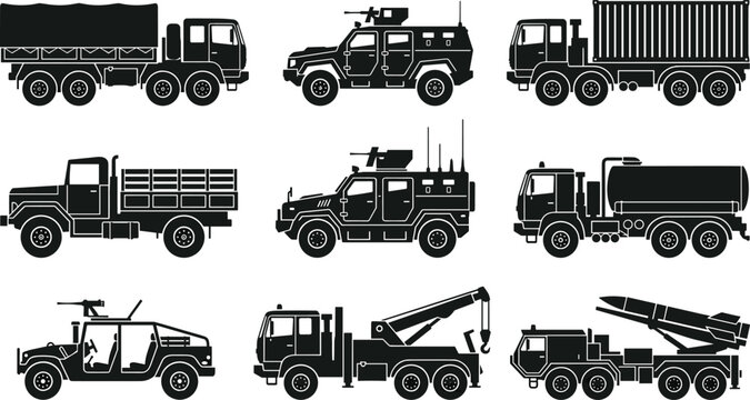 Military Vehicle Silhouette Icon Set Featuring Armored Trucks, Missile Launchers, Tanks, Cargo Transports, and Tactical Defense Convoys for War Graphic Designs