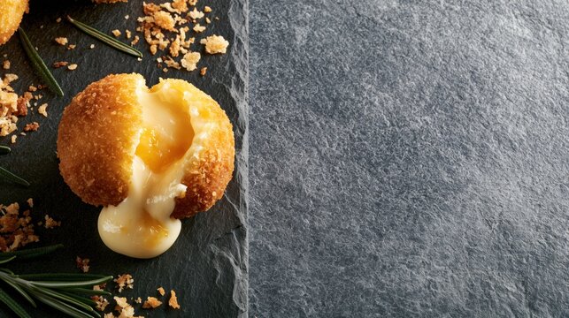 Crispy Fried Cheese Croquette with Gooey Melted Center on Slate Background and Copy Space for Restaurant Menu