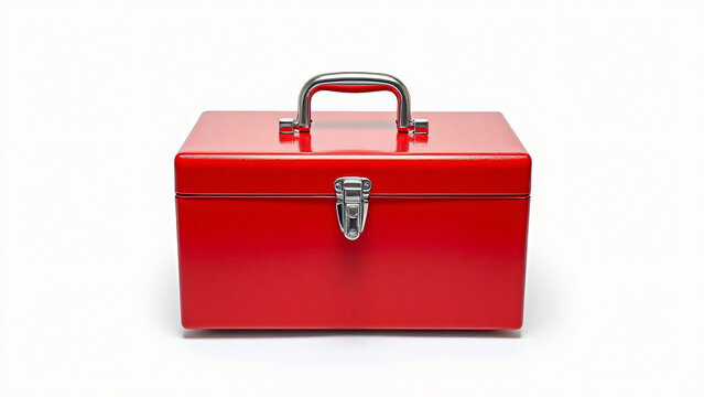 Red metal toolbox closed and isolated on pure white background, premium commercial product photography