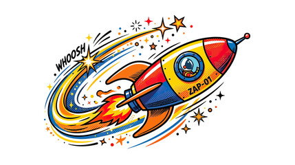 Retro rocket blasting off with colorful swirl and stars, space travel concept. © Danang