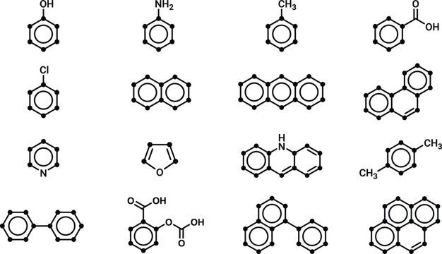 Chemical structure vector icon set with aromatic ring formulas for organic chemistry science education research and molecular laboratory design