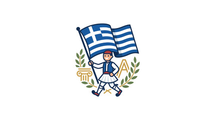 Obraz premium Traditional Greek Evzone Soldier Marching with National Flag Illustration