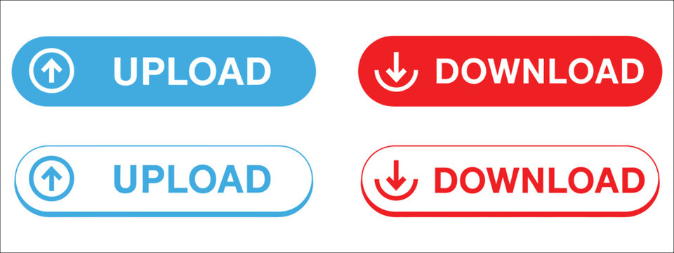 Download and upload button icons with file transfer arrows, cloud storage symbols, data exchange, and application interface elements, vector, designs