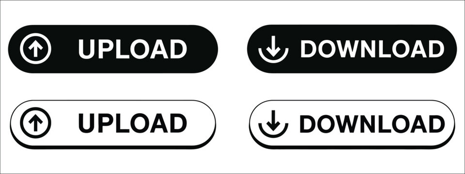 Download and upload button icons with file transfer arrows, cloud storage symbols, data exchange, and application interface elements, vector, designs
