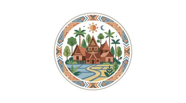 Traditional Southeast Asian Village with Stilt Houses and Tropical Landscape