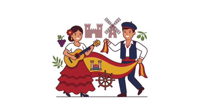 Traditional Spanish Flamenco Couple Dancing with Guitar and Castanets