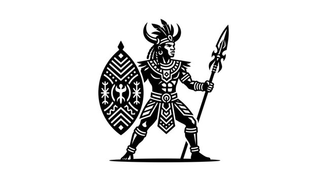 African Warrior Emblem with Spear and Shield, Tribal Symbol, Black and White