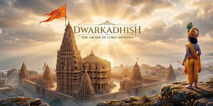 Lord Krishna Overlooking Sacred Dwarka Panoramic Artwork