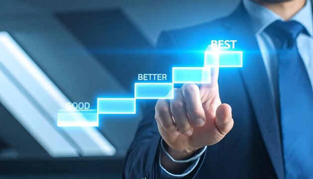 Business professional selecting glowing performance staircase from good to better to best, representing continuous improvement, business growth, success and goal achievement.
