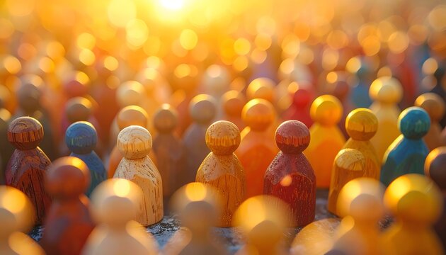 Wooden peg people in warm golden light with shallow depth of field, representing diversity, unity, inclusion and community togetherness.
