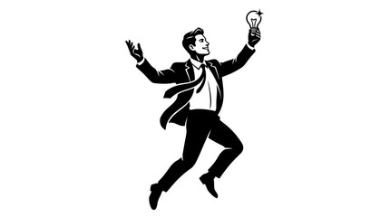 Businessman holding lit light bulb, celebrating new idea, innovation concept