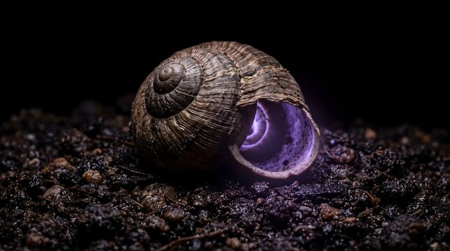 Macro shot of empty snail shell with purple light glowing from inside on dark wet soil